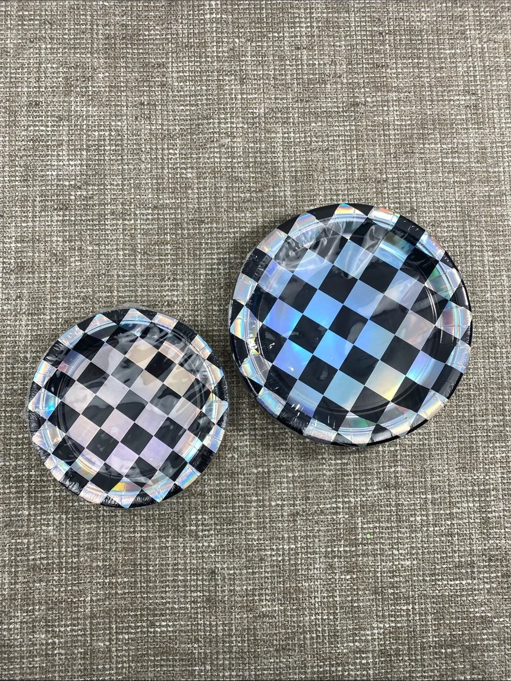 Holographic Black Checkered Paper Plates - Set of 2